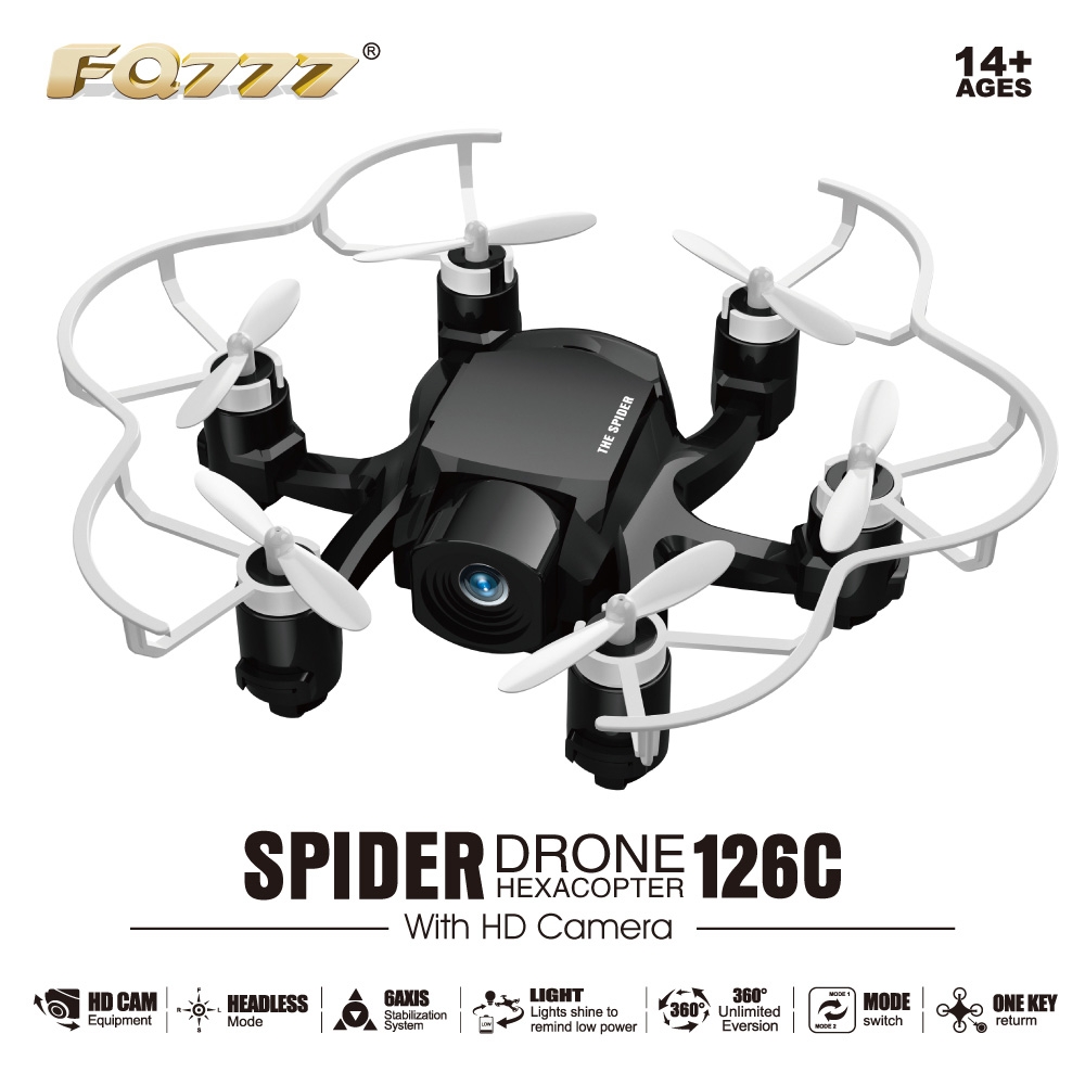 FQ777-126C MINI Spider Drone 2MP HD Camera 3D Roll One Key to Return Dual Mode 4CH 6Axis Gyro RC Hexacopter - Black