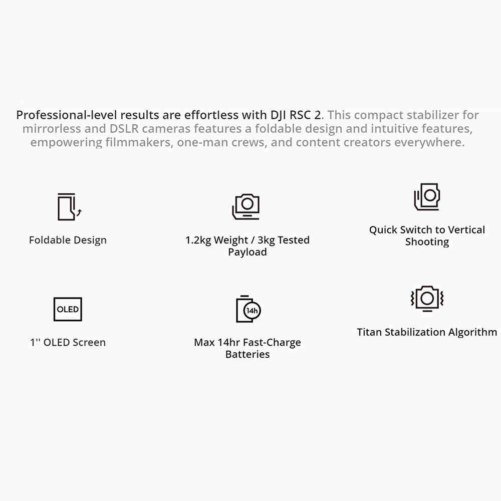 DJI RSC 2 Gimbal 3KG Payload Foldable Camera Stabilizer Titan Stabilization Algorithm with OLED Screen 1/4 3/8 Mounting 14hr Fast-Charge Batteries Support 200m Video Transmission for Digital DSC Camera