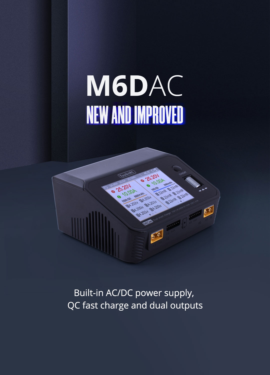 ToolkitRC M6DAC AC 200W DC 700W 15A*2 USB-C 65W QC3.0 Dual Channel Smart Lipo Battery Charger Discharger for 1-6S Lipo Battery - EU Plug