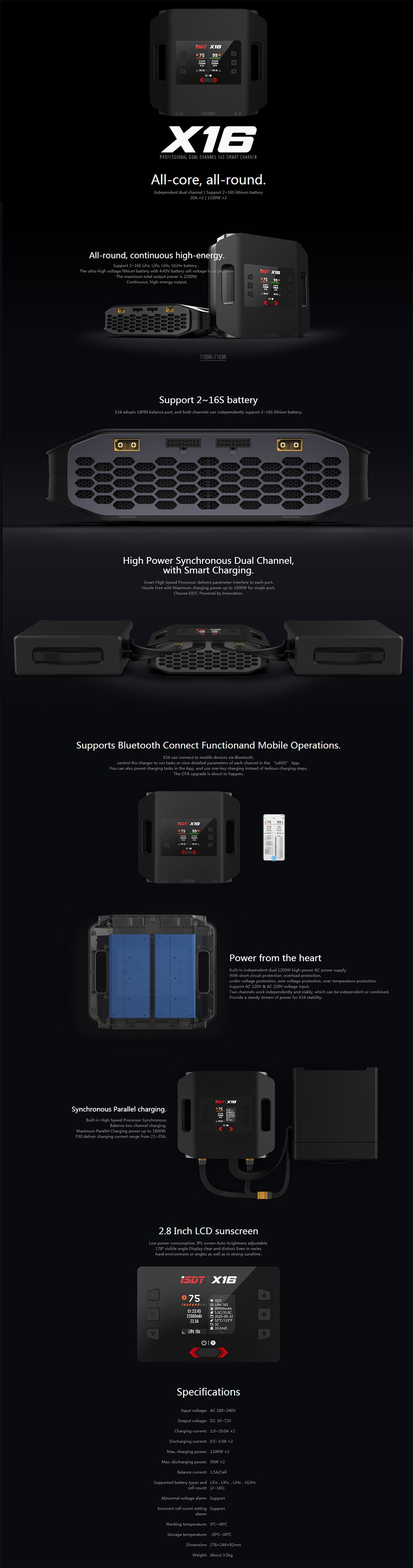 ISDT X16 2X1100W 2X20A Dual Channel Battery Charger for 2-16S Lipo Battery