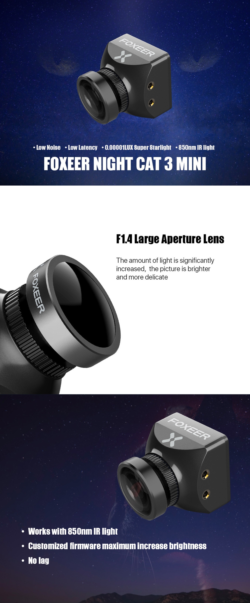 $41.39 for Foxeer Mini Night Cat 3 1200TVL 0.00001Lux Night Vision FPV Camera 850nm IR Light for FPV Racing RC Drone