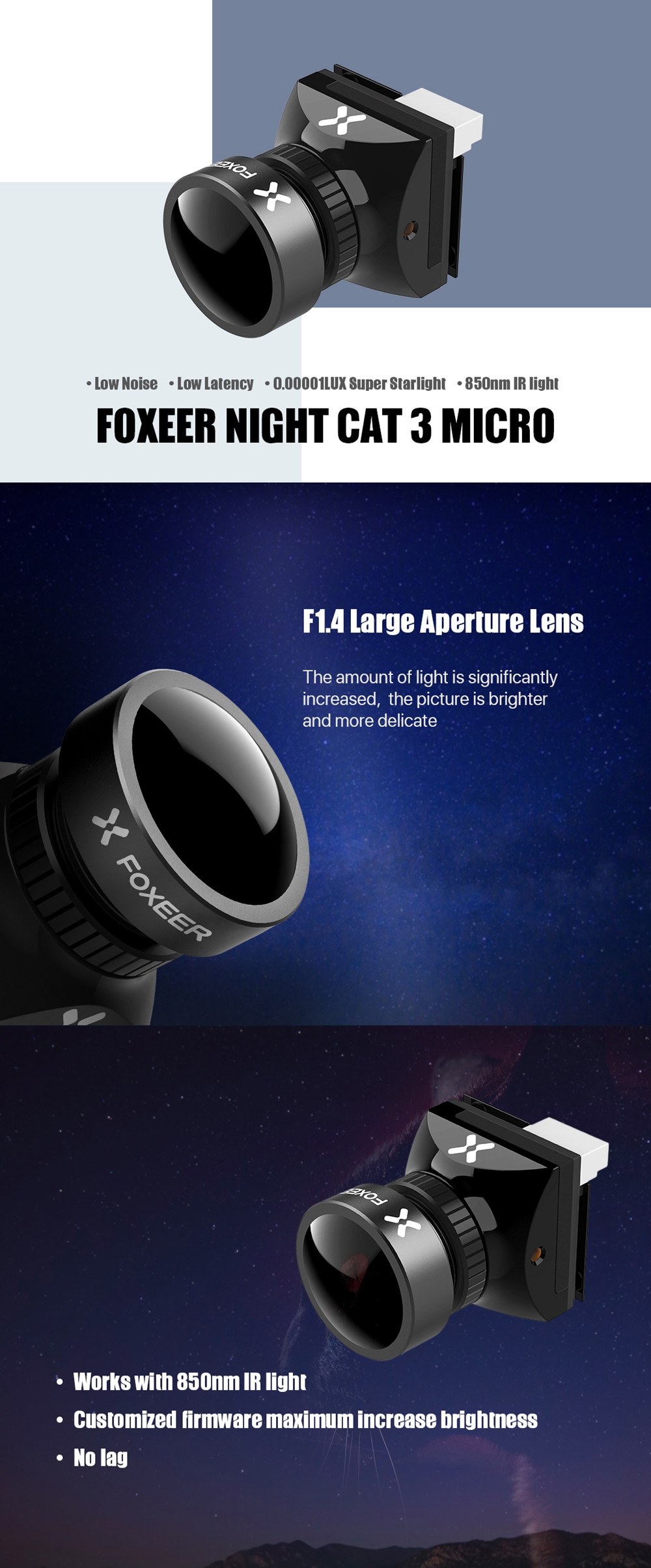 Foxeer Micro Night Cat 1200TVL 3 0.00001lux Night Vision FPV Camera 850nm IR Light for FPV Racing RC Drone