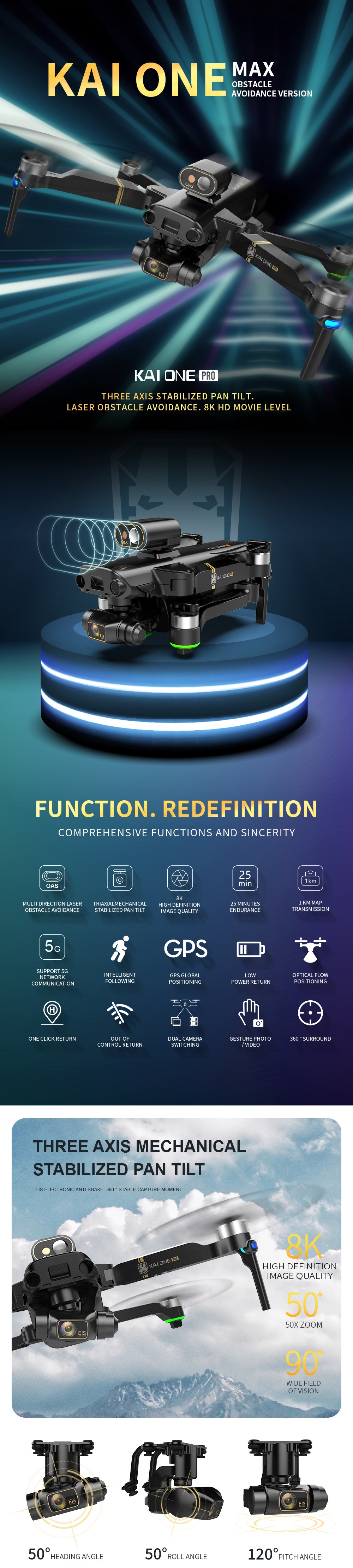 KAIONE Pro/Max 5G Wifi 1KM FPV With 3-axis Gimbal 8K Camera Obstacle Avoidance GPS EIS Brushless RC Drone Quadcopter RTF