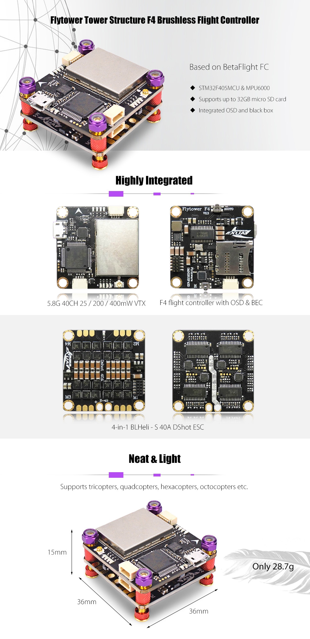 Flytower Tower Structure Brushless F4 Flight Controller