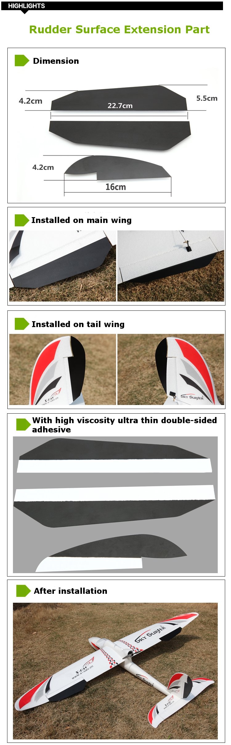 Glassfiber Cicada Wing Rudder Surface Extension Part For X-UAV Sky Surfer X8 RC Airplane