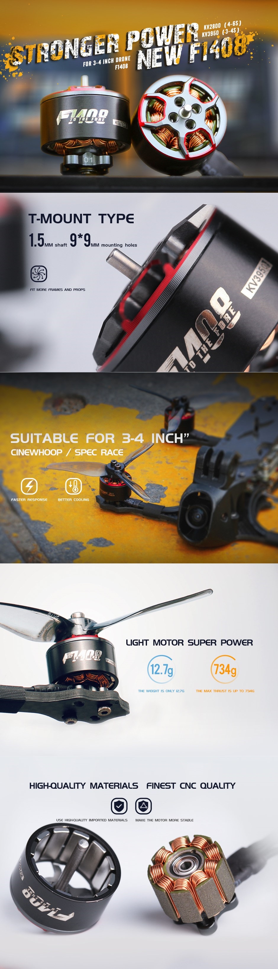 T-MOTOR F1408 6S 2800KV / 4S 3950KV Brushless Motor for 3 Inch Cinewhoop FPV Racing RC Drone