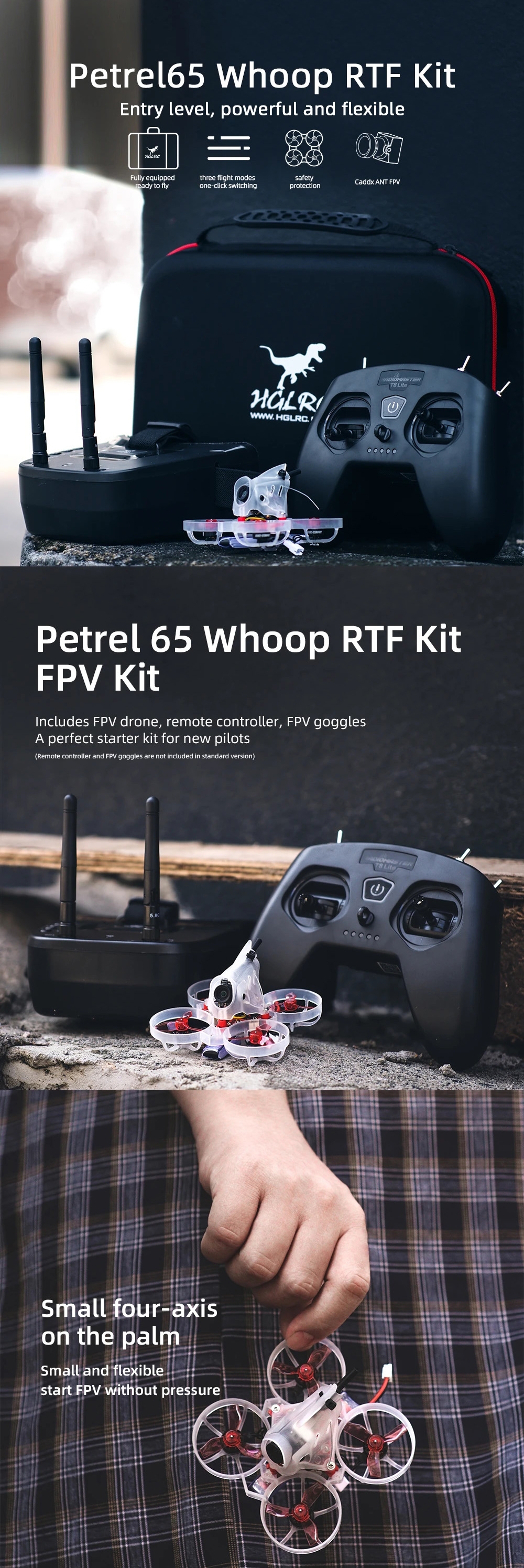 HGLRC Petrel65 Whoop 2Inch 65mm Wheelbase 1S Tinywhoop FPV Racing RC Drone RTF w/ Radiomaster T8 Lite VR009 VR FPV Goggles