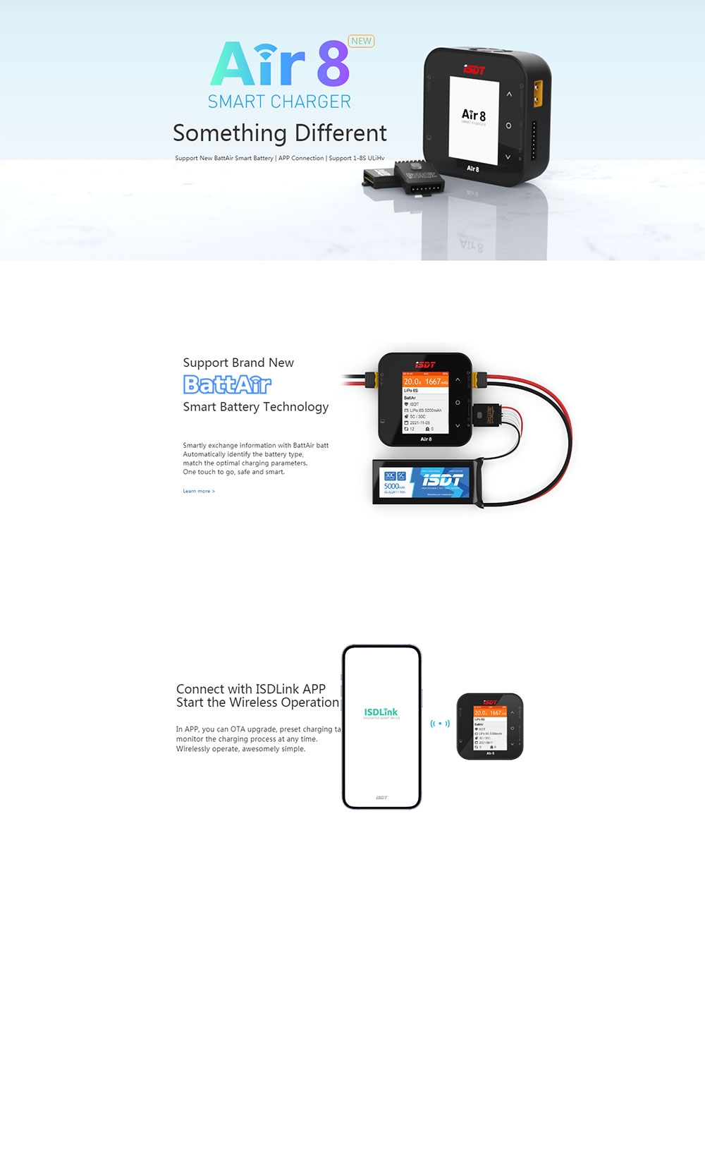 ISDT Air8 BattAir 500W 20A High Power Battery Balance Charger Discharger APP Connection for LiFe Lion LiPo ULiHV NiMH Pb Battery