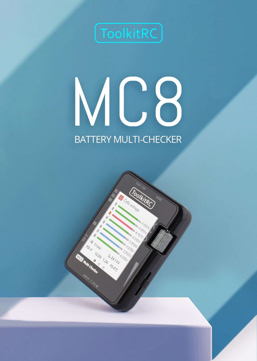 ToolkitRC MC8 Mini Size Cell checker 32 Bit Battery Multi-Checker PWM Output PPM SBUS Readout With USB-C Fast Charging