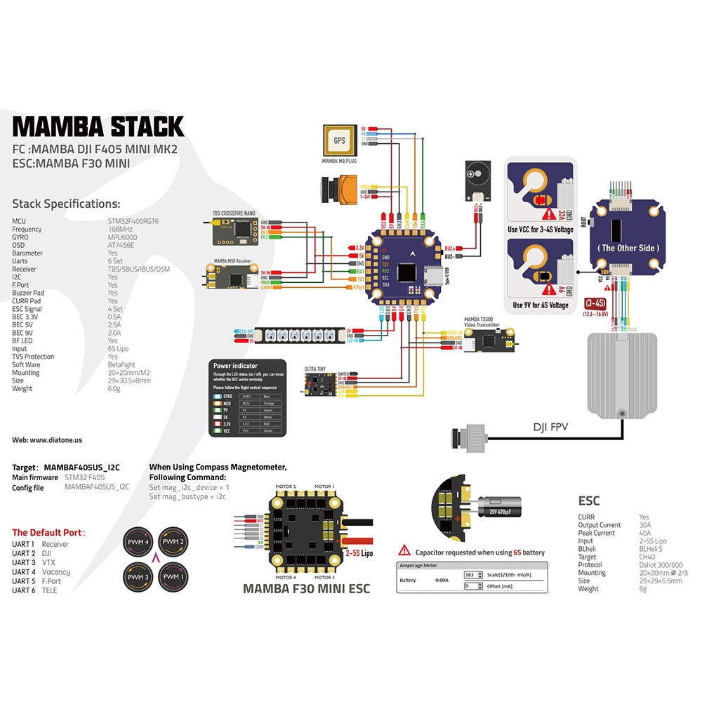 20x20mm MAMBA F405 Mini MK2 F4 Flight Controller F30 Mini 30A 2-5S Brushless ESC compatible for DJI for RC Drone FPV Racing