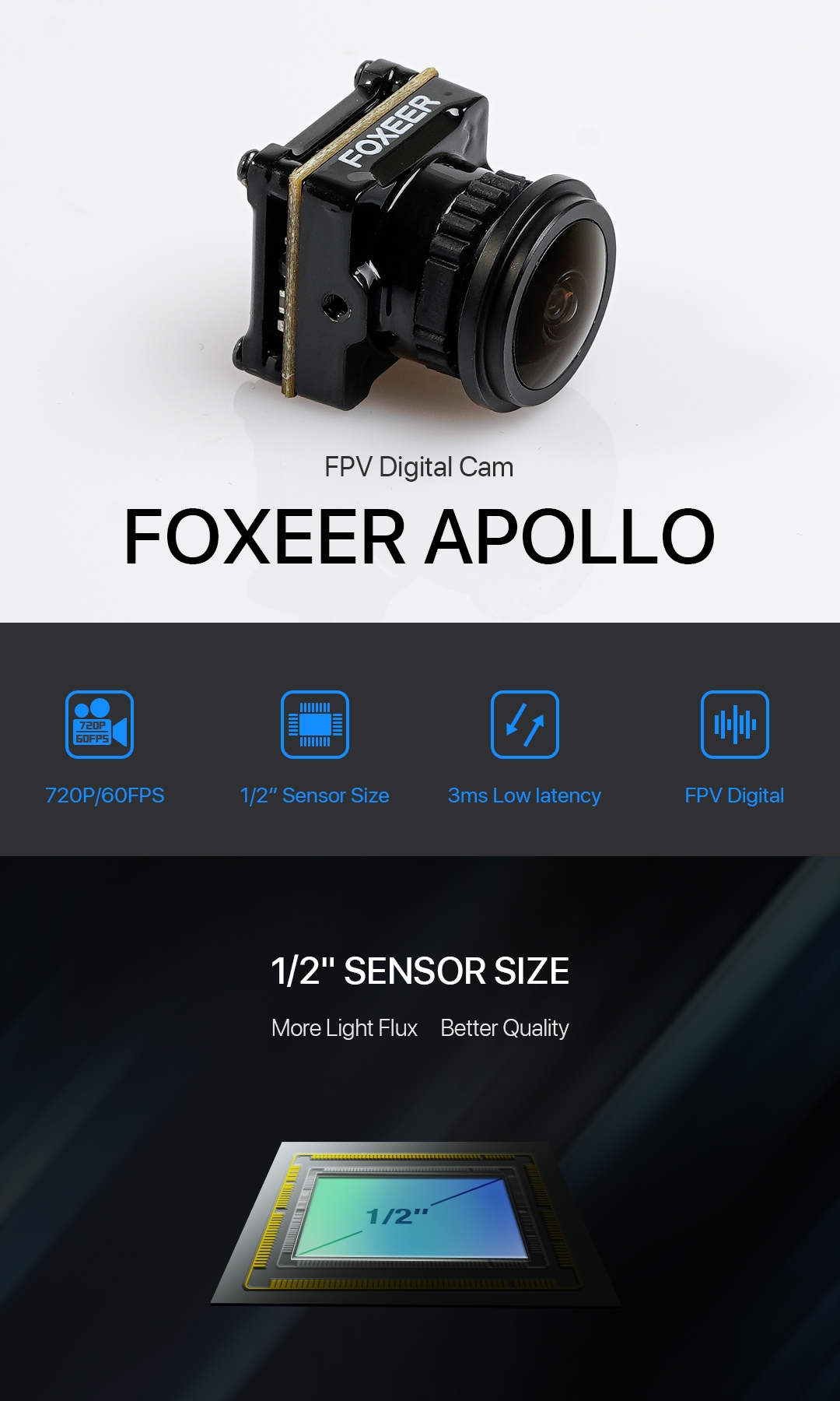 Foxeer Apollo Digital Camera 720P 60fps 1/2 Inch FOV 170/160 Degree 3ms Low Latency for DJI Caddx Runcam Air Link Unit